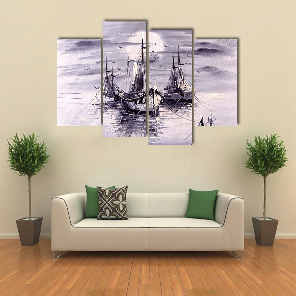 Moonlit Sailing Ships with Purple Reflections Canvas Wall Art