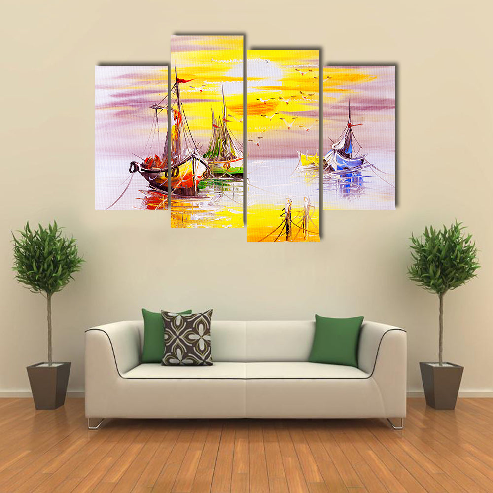 Boats With Sunset Canvas Wall Art
