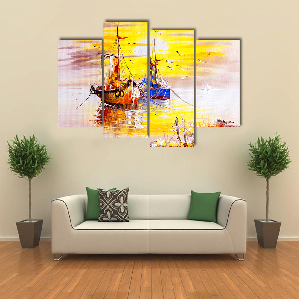 Boats With Sunset Canvas Wall Art