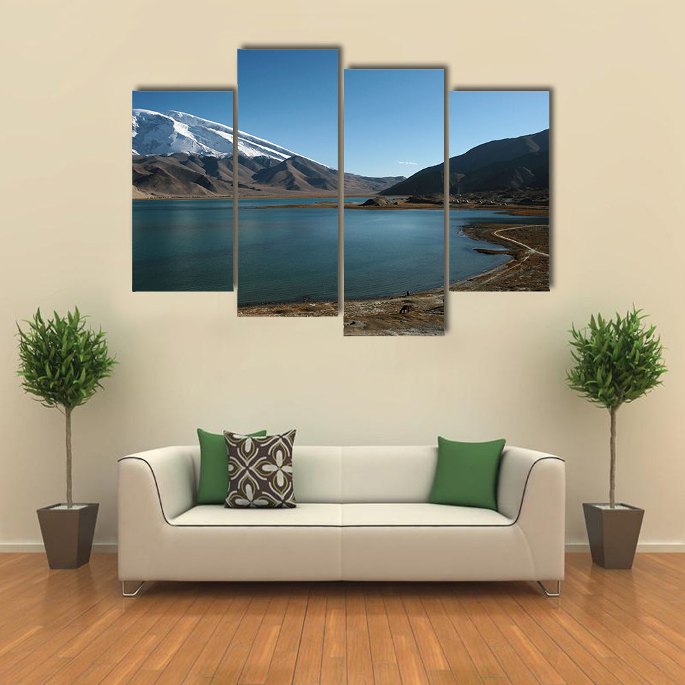 Mountain Muztahgata And Kara Kul Lake In Xinjiang China Canvas Wall Art