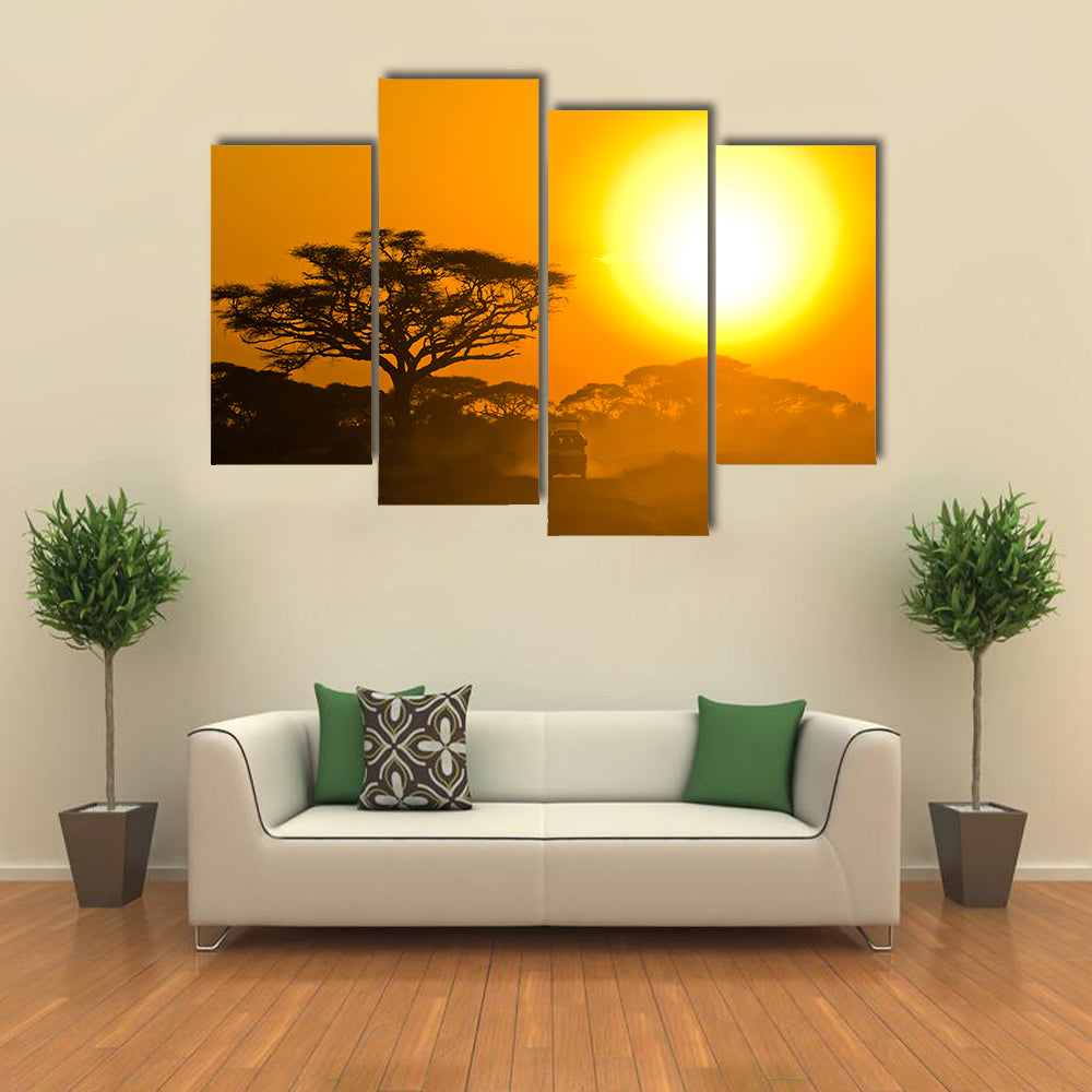 Safari Jeep Driving Through Savannah In The Sunset Africa Canvas Wall Art