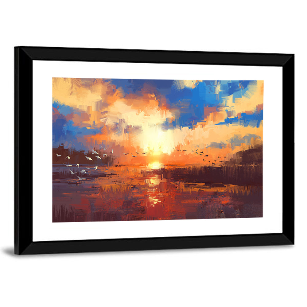 Golden Sunset Over Lake with Birds Canvas Wall Art