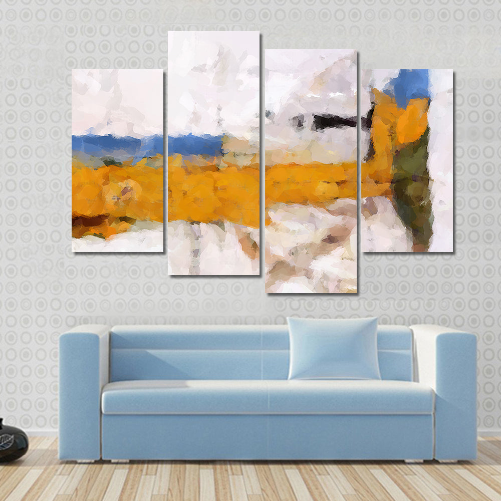 Ochre Yellow Band Abstract with Blue Accents Canvas Wall Art