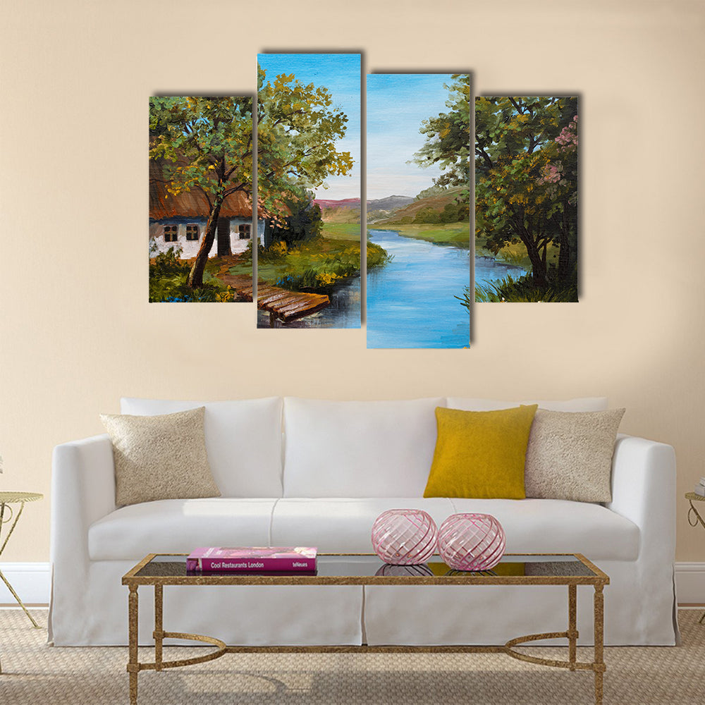 Thatched Cottage by the River Canvas Wall Art