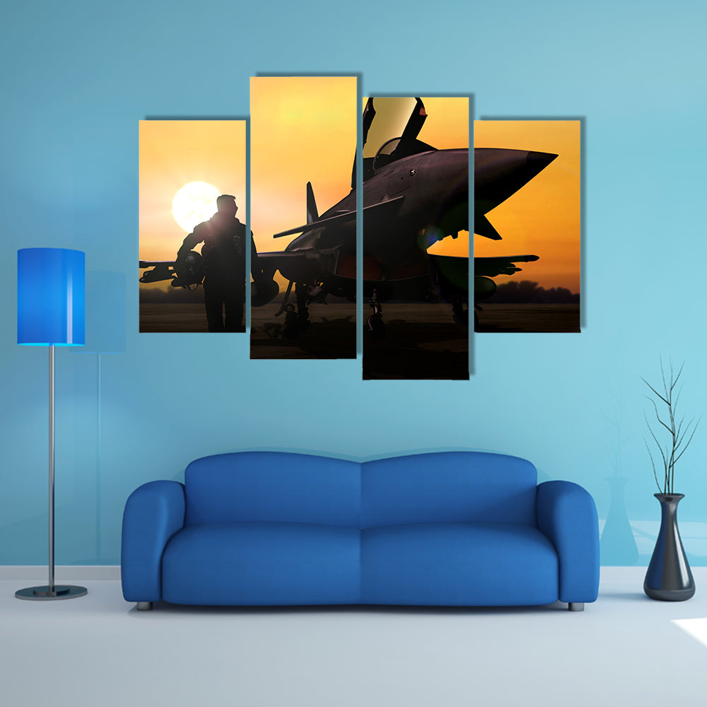 Military Pilot &amp; Aircraft At Airfield Canvas Wall Art