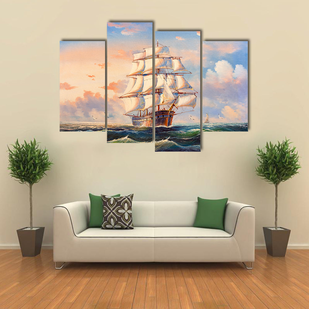 Sailing Boat In Storm Canvas Wall Art