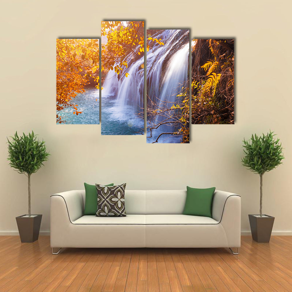 Autumn Waterfall with Sunlit Foliage Canvas Wall Art