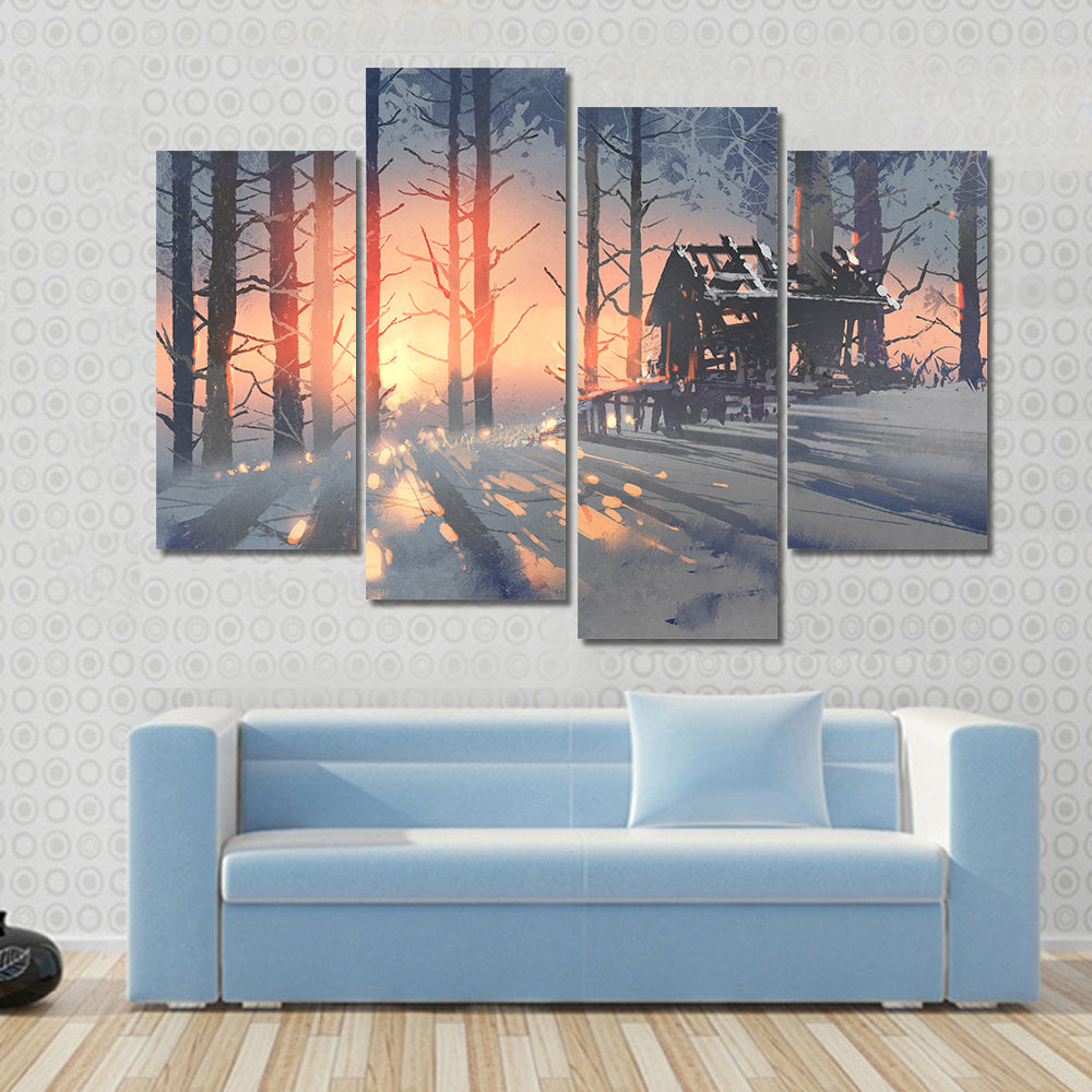 Abandoned House in Winter Forest Canvas Wall Art