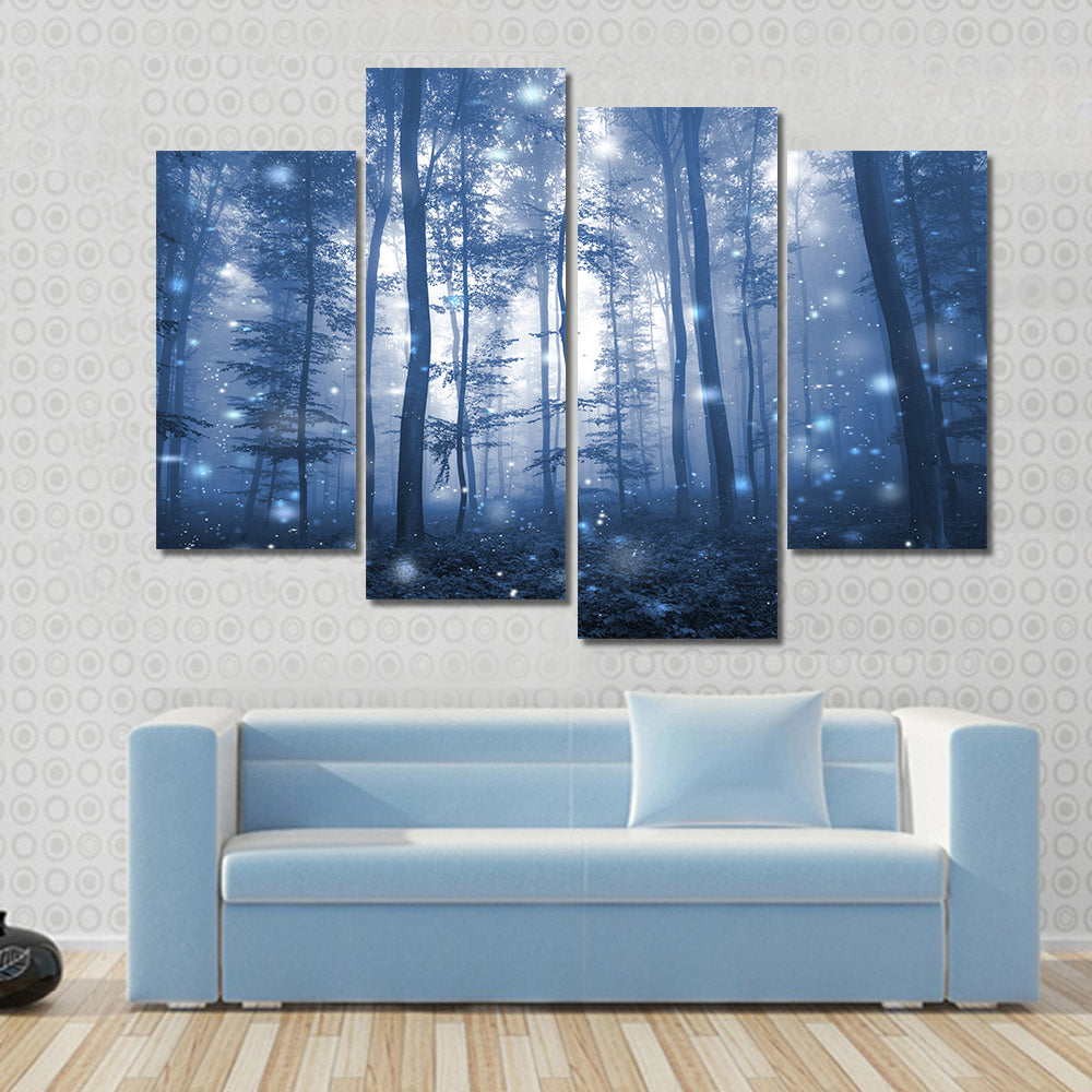 Blue Fog Forest with Glowing Orbs Canvas Wall Art
