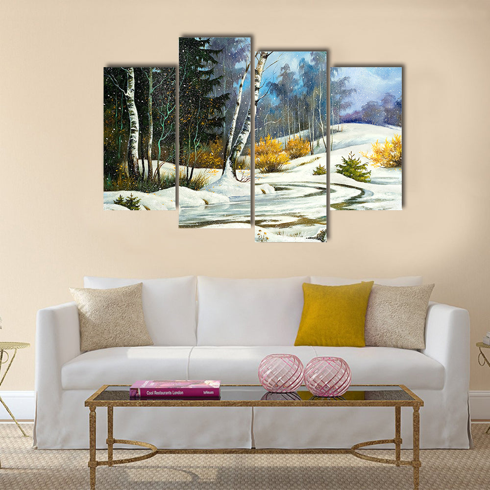 Winter Birch Forest with Frozen Stream Canvas Wall Art