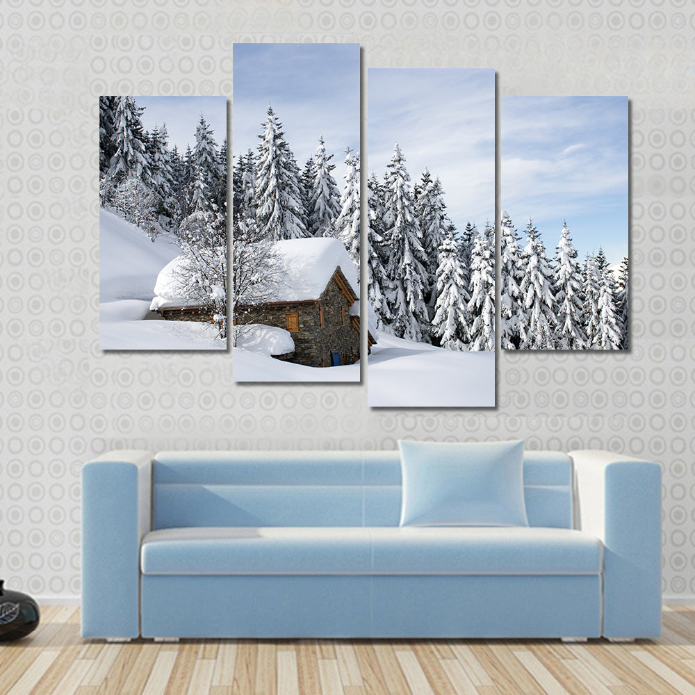 Alpine Hut Under Snow Canvas Wall Art