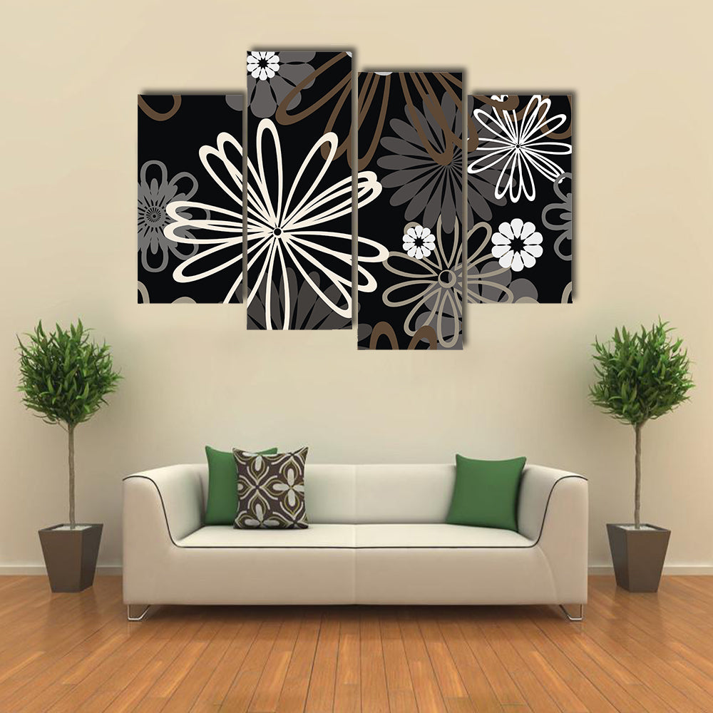 Retro Abstract Floral in Black and White Canvas Wall Art