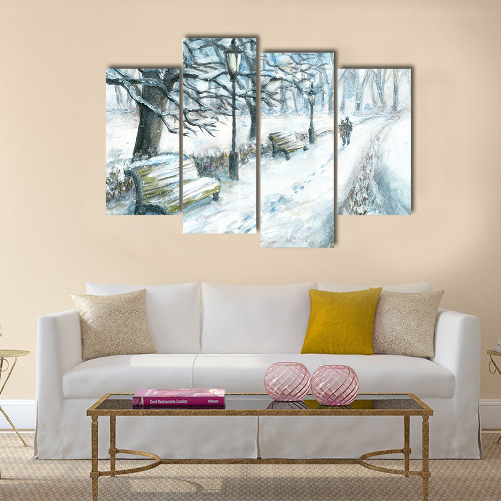 Winter Park With Walking Couple Canvas Wall Art