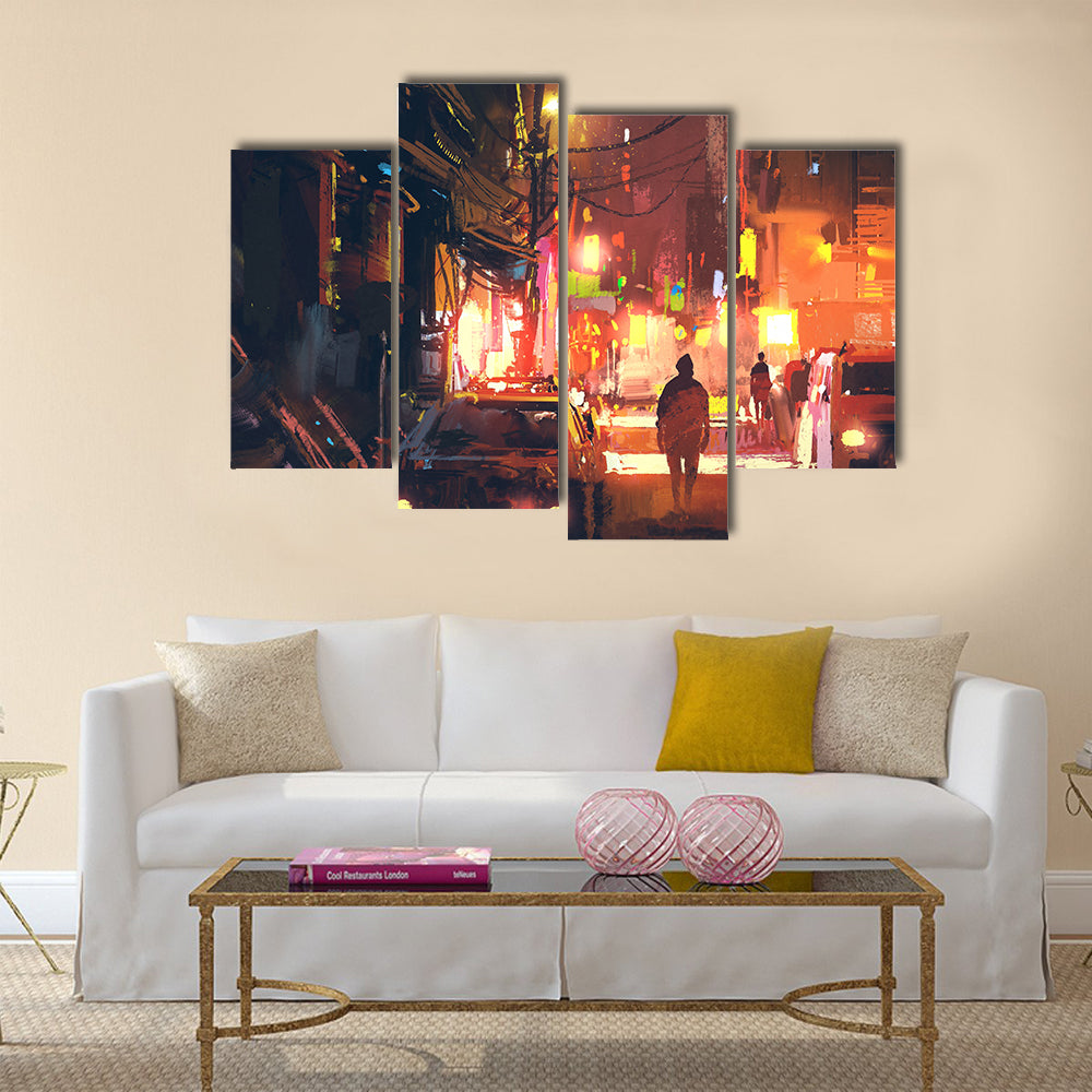 Rain-soaked Old Street in Futuristic City Canvas Wall Art