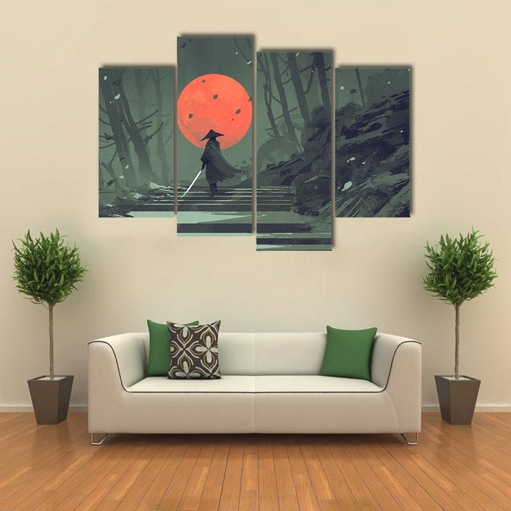 Samurai Standing On Stairway In Night Forest Under Red Moon Canvas Wall Art