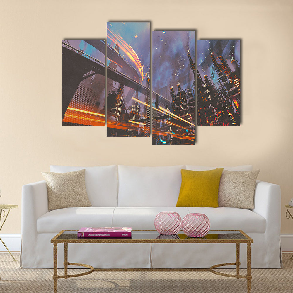 Futuristic Industrial Cityscape at Night Canvas Wall Art