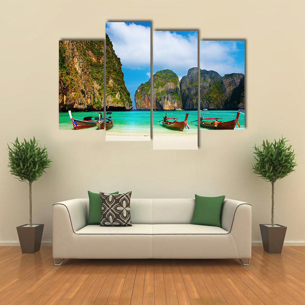 Tropical Beach And Traditional Long Tail Boats In Maya Bay Canvas Wall Art