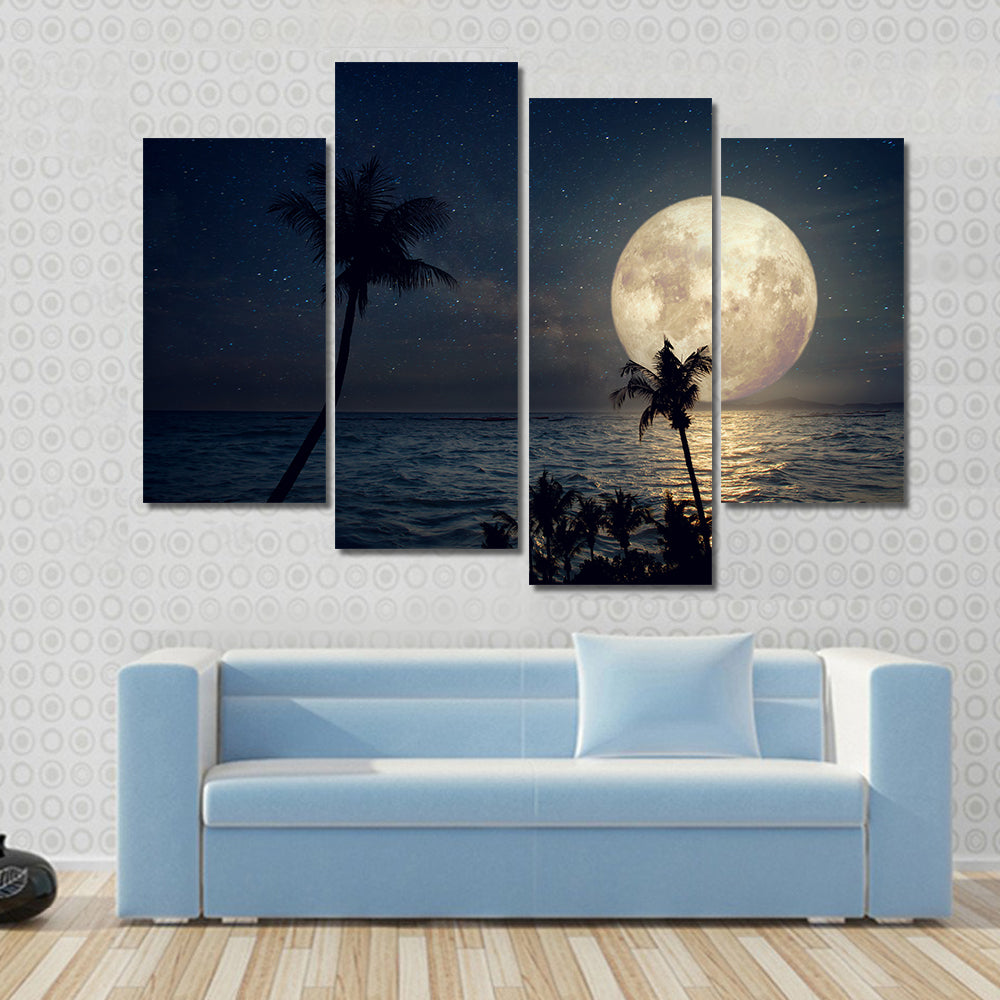 Tropical Beach Under Full Moon Canvas Wall Art