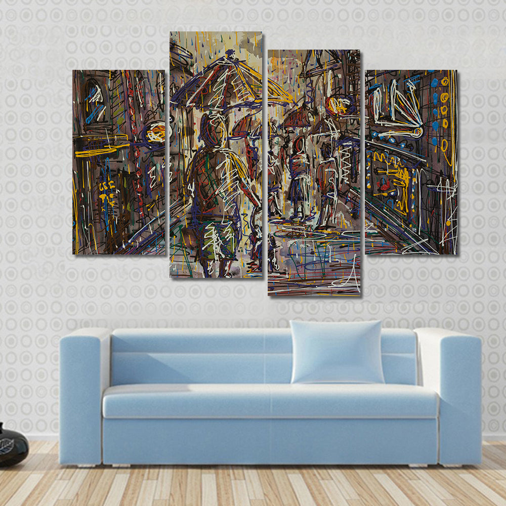 Rainy City Street with Umbrella Canvas Wall Art