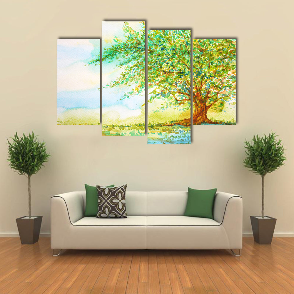 Big Tree In Grass Field Canvas Wall Art