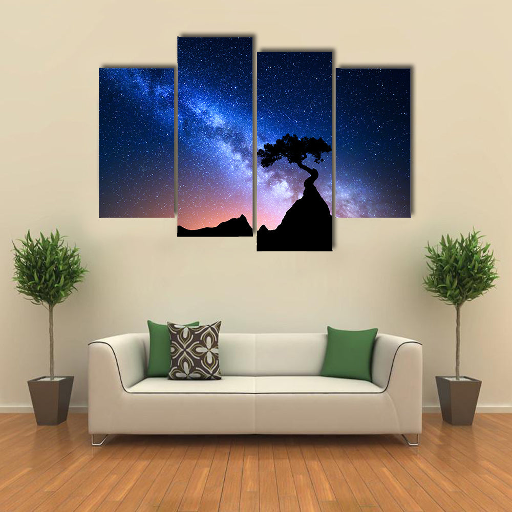 Alone Tree Under Starry Sky Canvas Wall Art