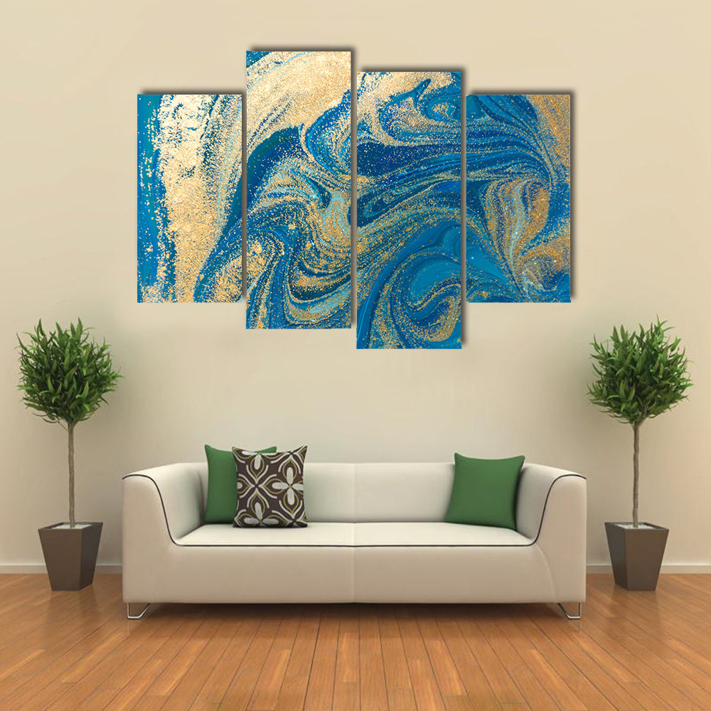 Hand Drawn Blue and Gold Marbling Canvas Wall Art