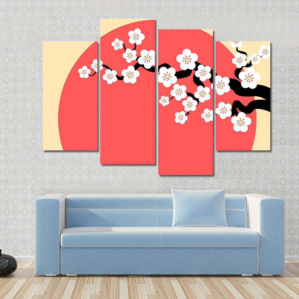 Minimalist Cherry Blossom with Red Sun Canvas Wall Art
