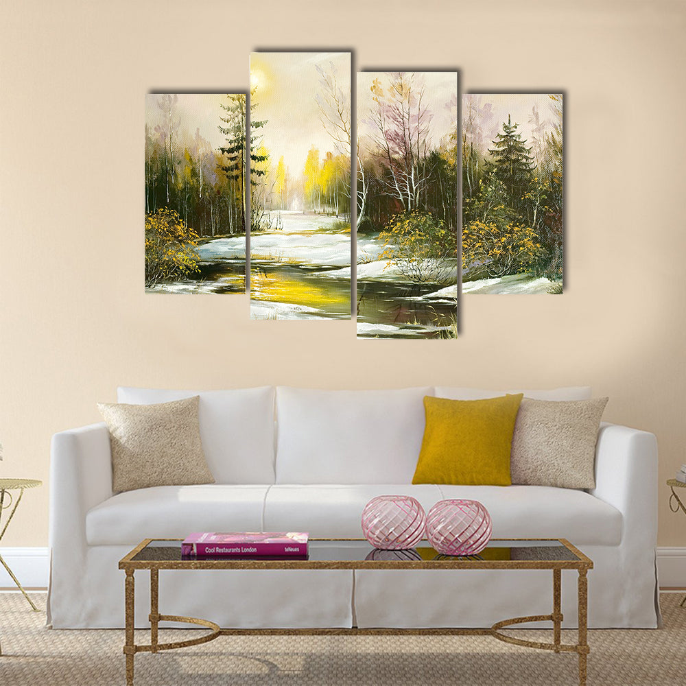 Winter Riverbank with Golden Light Canvas Wall Art