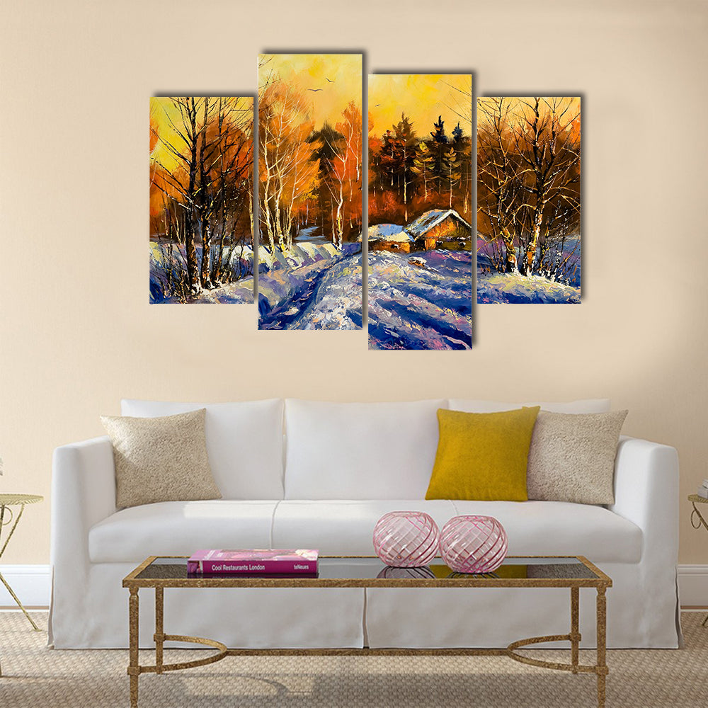 Evening In Winter Village Canvas Wall Art