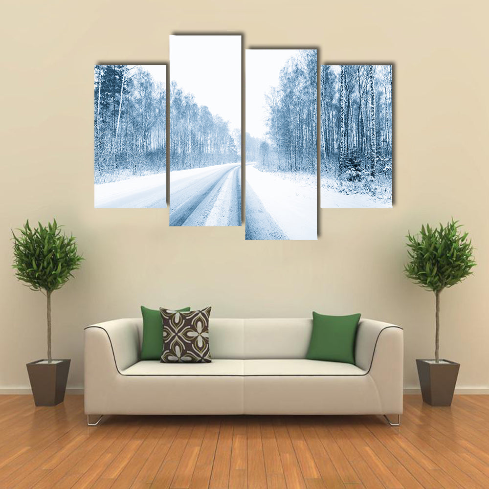 Snow Covered Open Road In Winter Canvas Wall Art