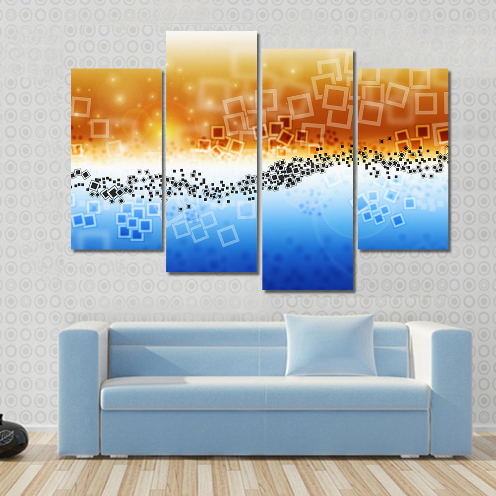 Data Transfer Abstract Landscape Canvas Wall Art in white, orange and blue, 4 panel Pop layout hung on a wall