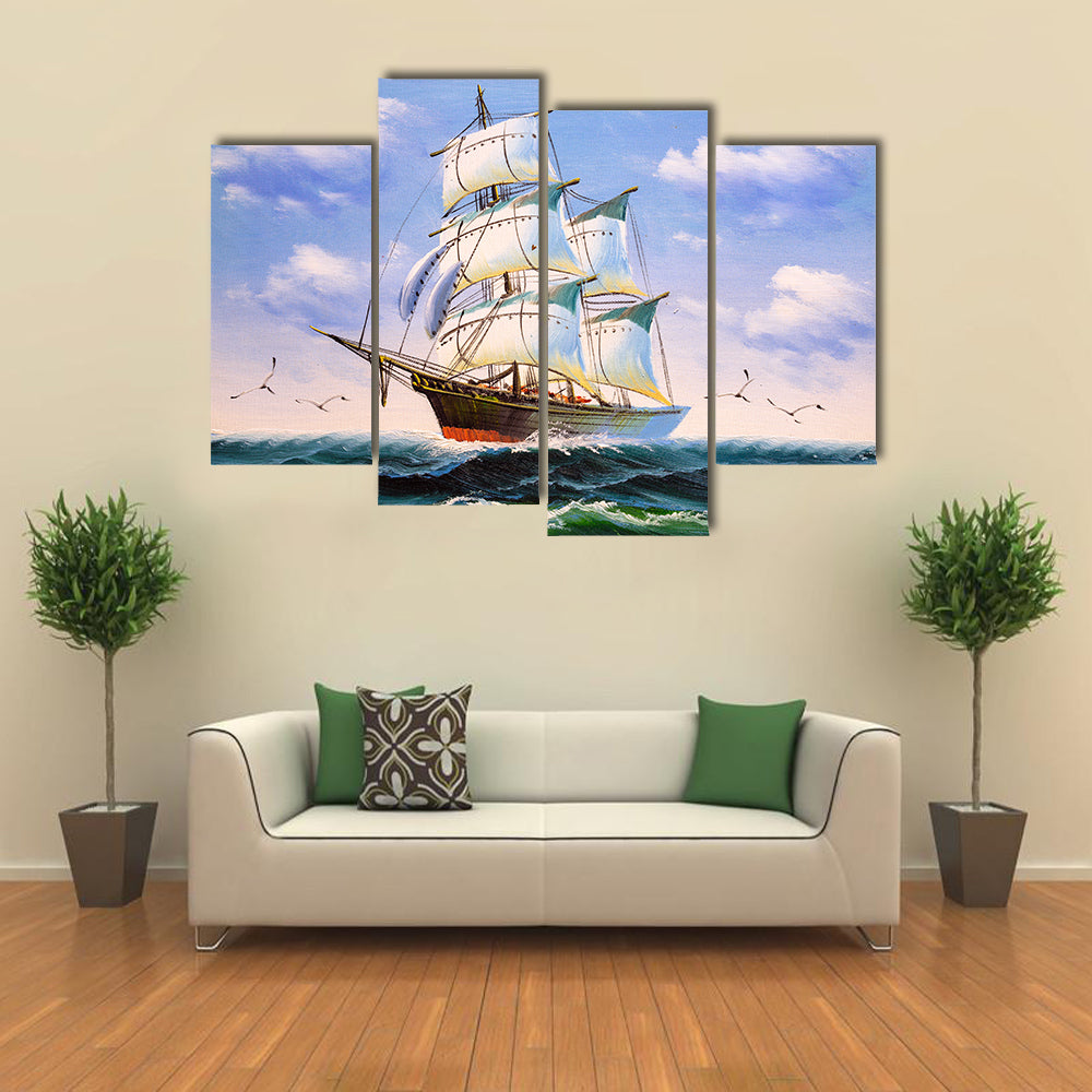 Three-masted Sailing Ship at Sea Canvas Wall Art