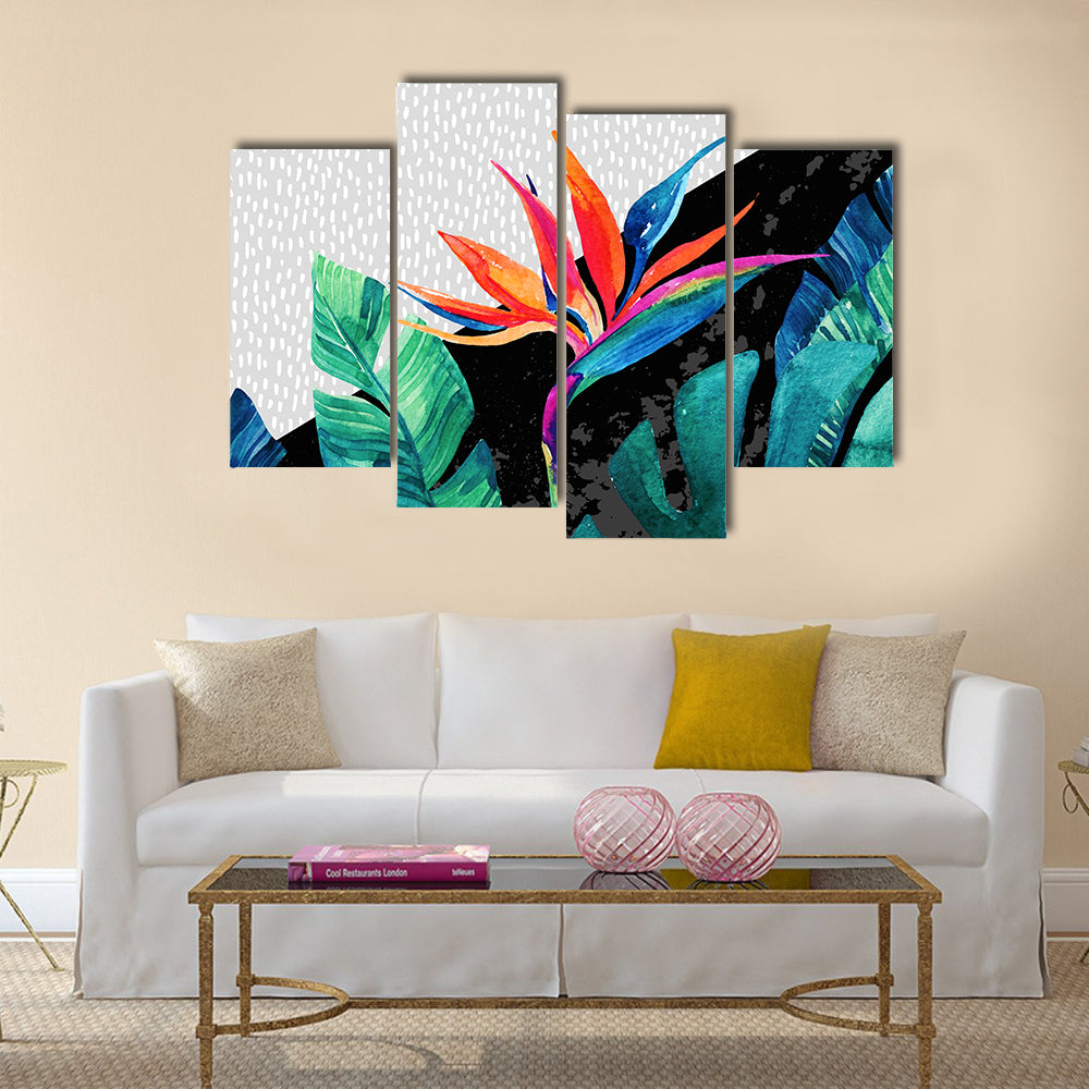 Tropical Minimalist Bird of Paradise and Monstera Canvas Wall Art