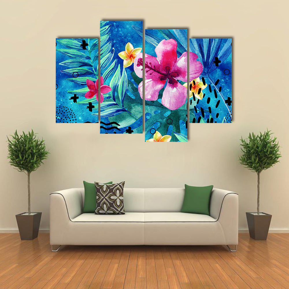 Tropical Hibiscus and Palm Leaf Pattern Canvas Wall Art