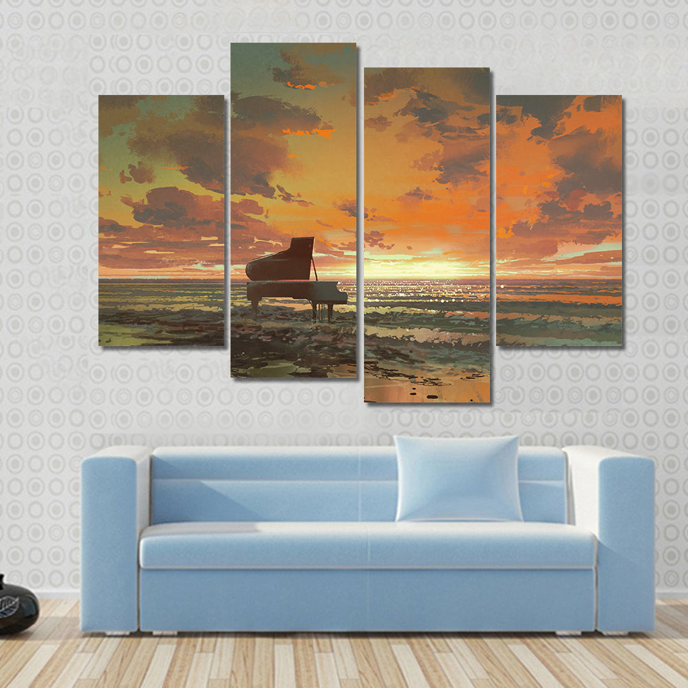 Surreal Piano On Beach Sunset Canvas Wall Art