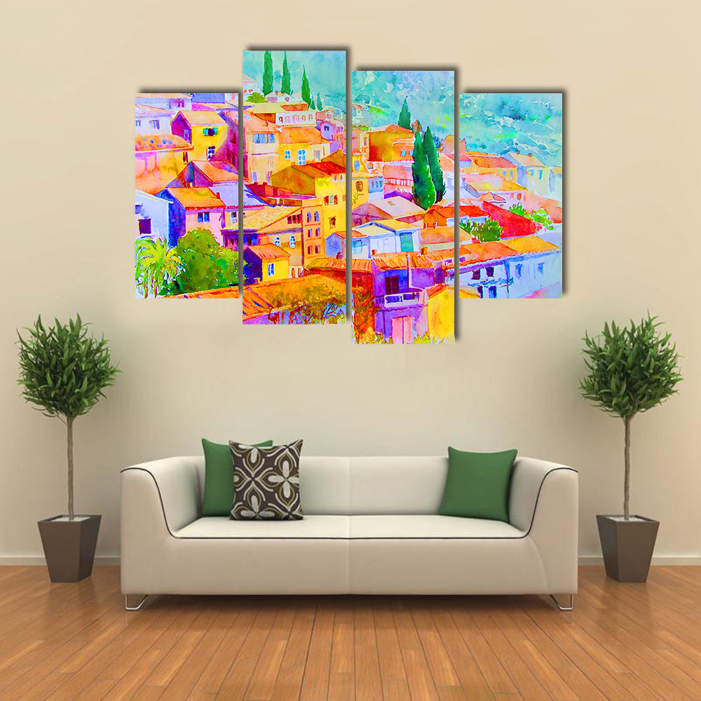 Village View On Hill Mountain Canvas Wall Art