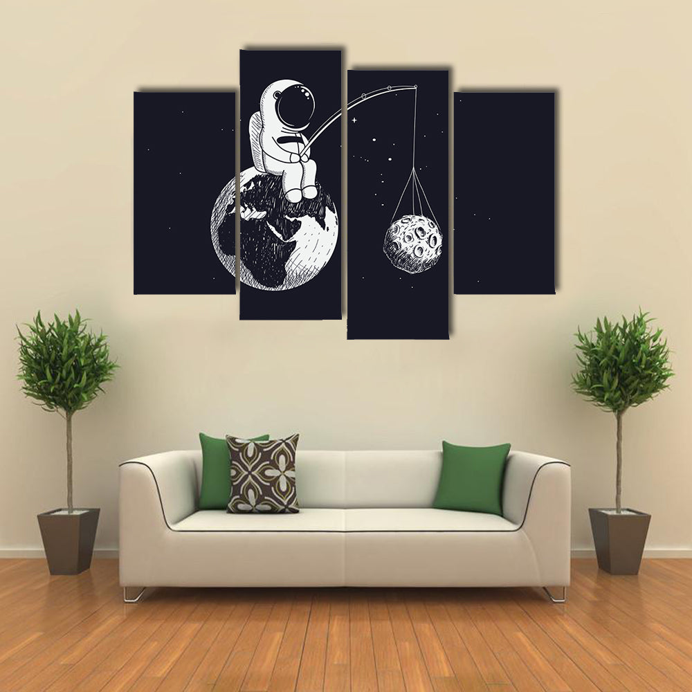 Little Astronaut Sitting on Earth Canvas Wall Art