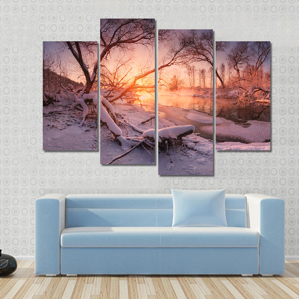 Frozen River At Sunset Canvas Wall Art