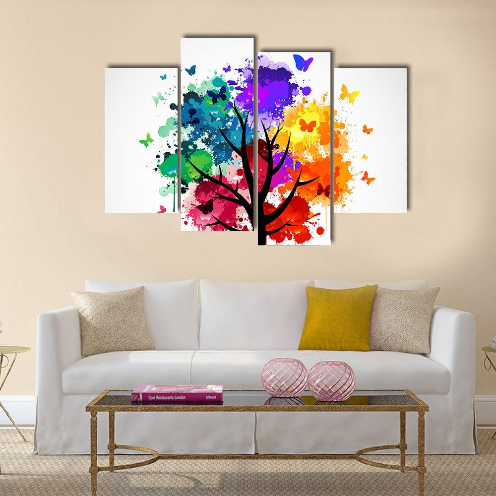 Colorful Butterflies On Tree Canvas Wall Art