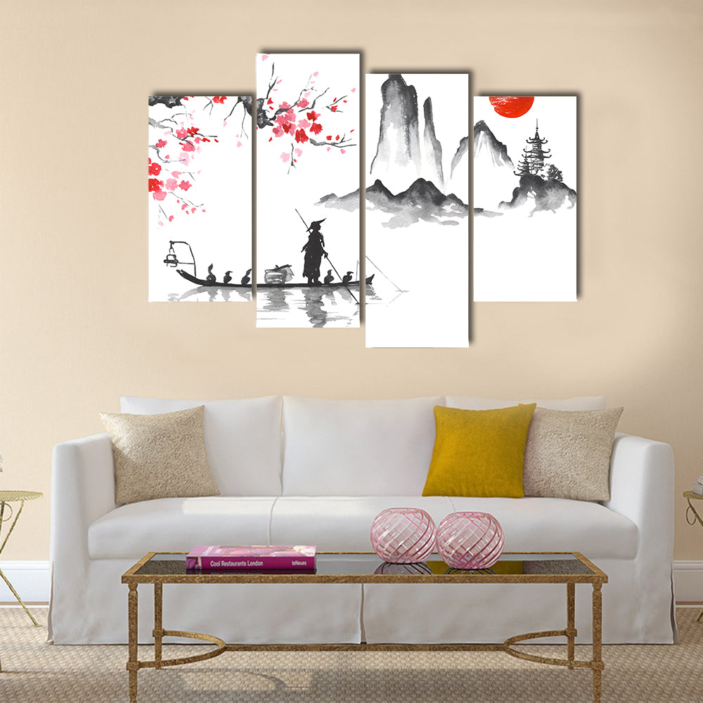 Japanese Ink Wash Fisherman at Sunrise Canvas Wall Art