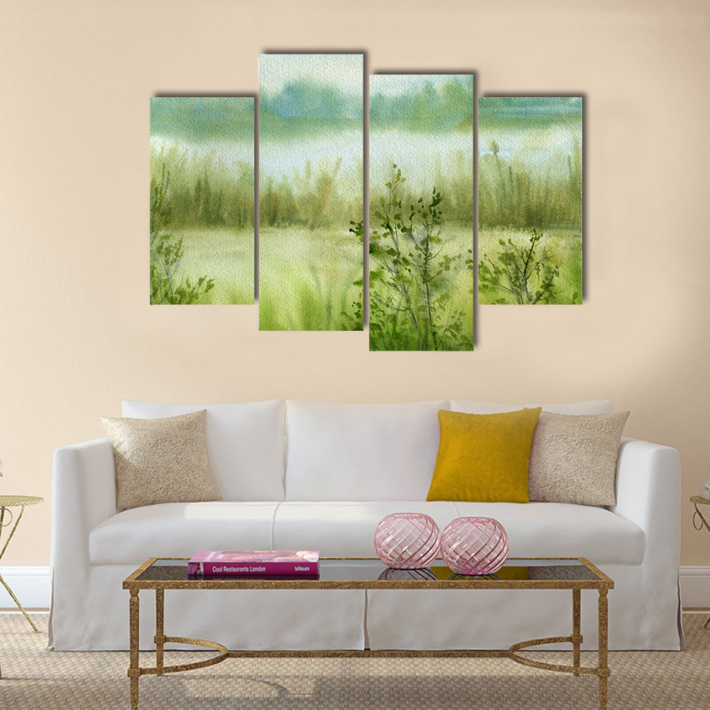 Fog At River With Grass Canvas Wall Art