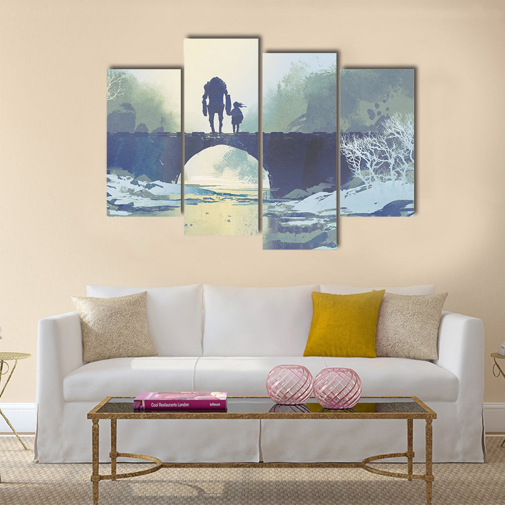 Robot and Child on Snowy Bridge Canvas Wall Art