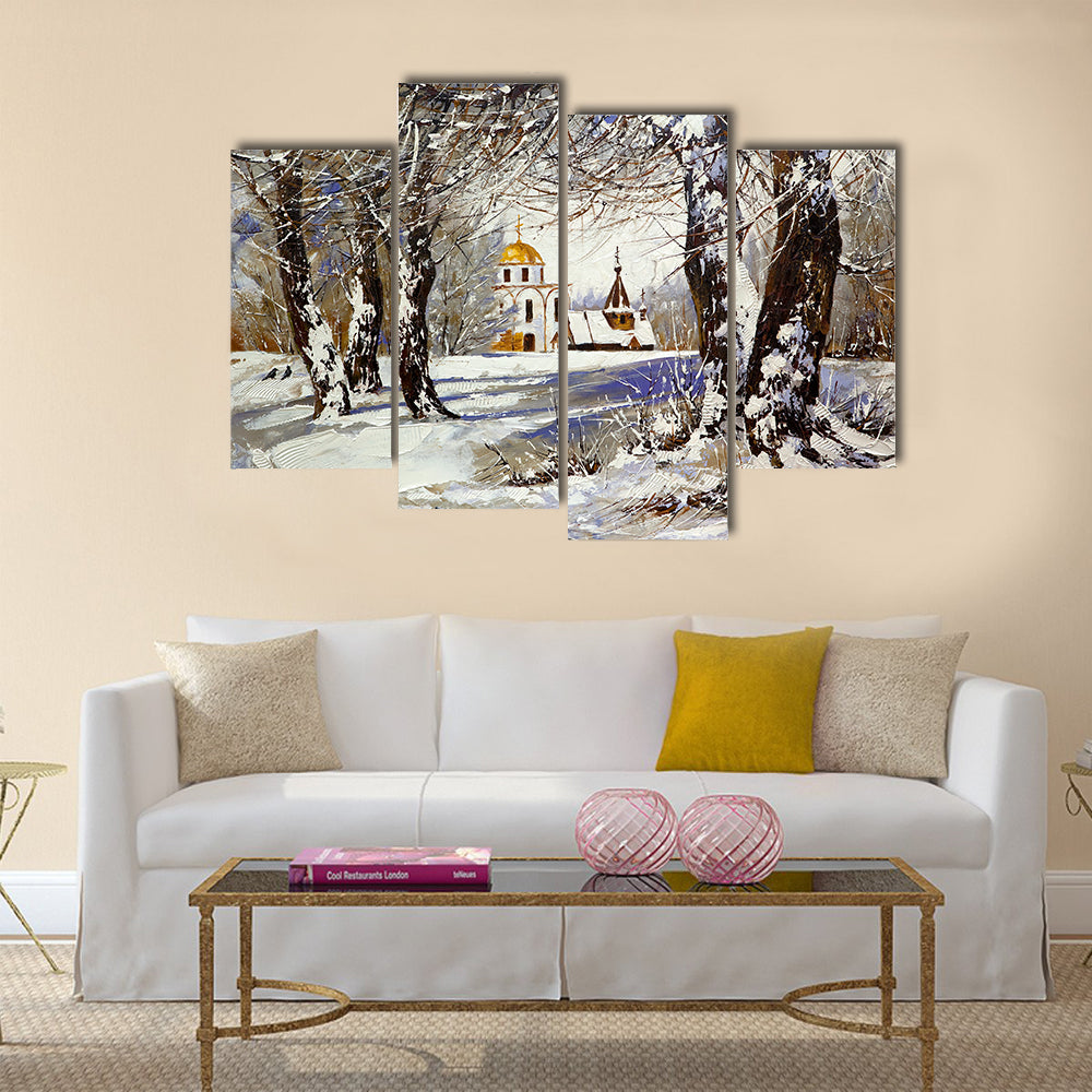 Church In Winter Wood Canvas Wall Art