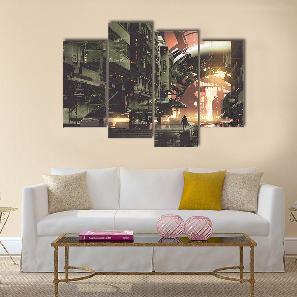 Cyberpunk City With Futuristic Buildings Canvas Wall Art