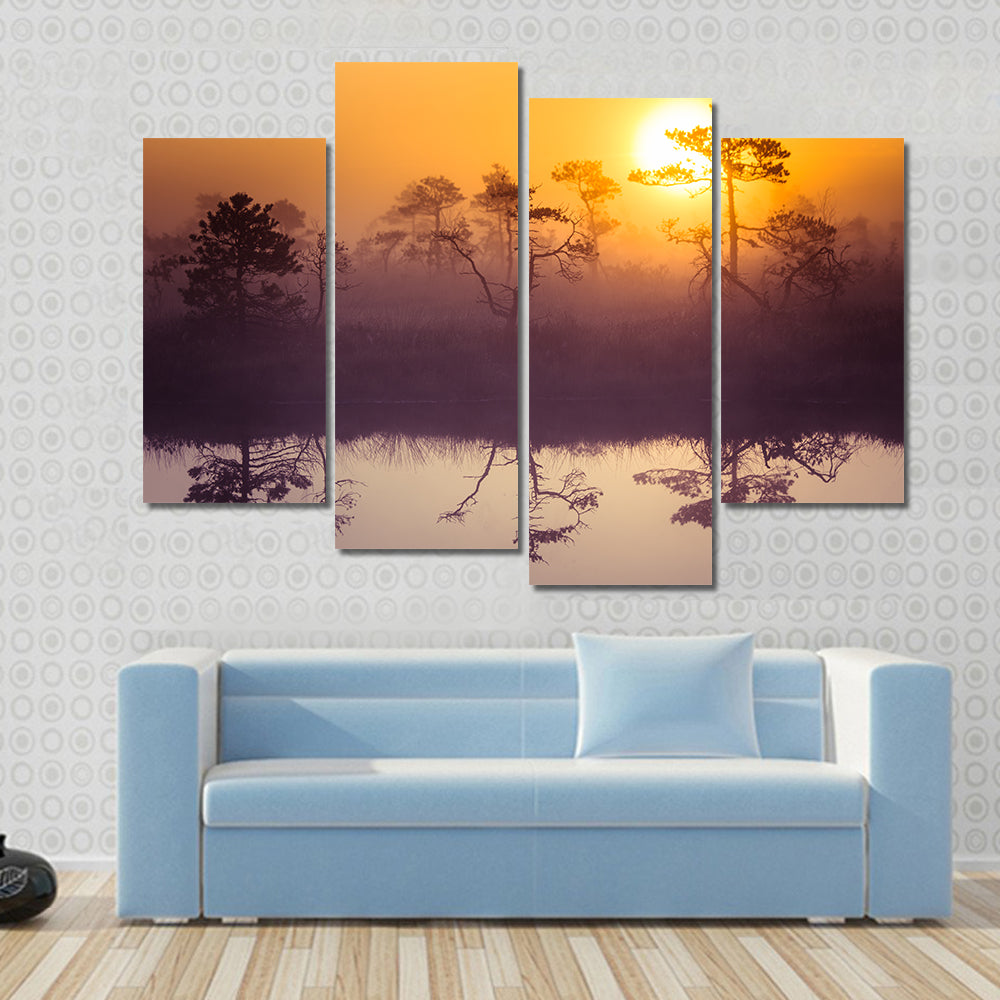 Sun Rising Above Misty Lake Canvas Wall Art