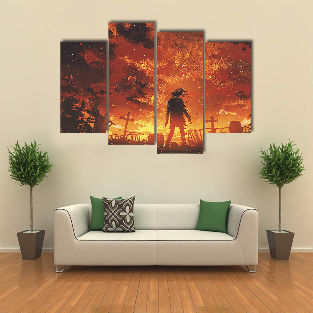 Zombie Silhouette in Burnt Cemetery Canvas Wall Art