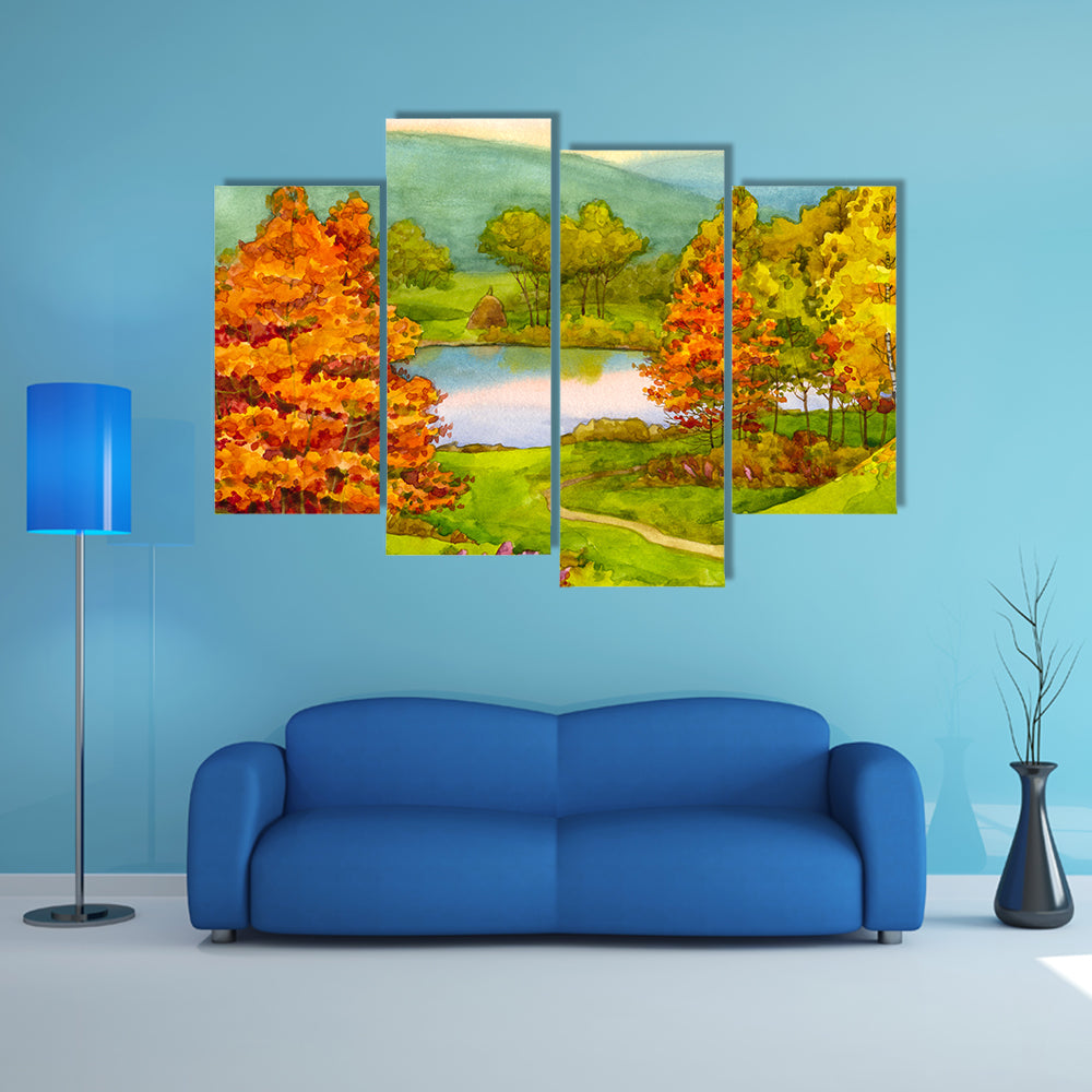 Autumn Lake with Winding Path Canvas Wall Art