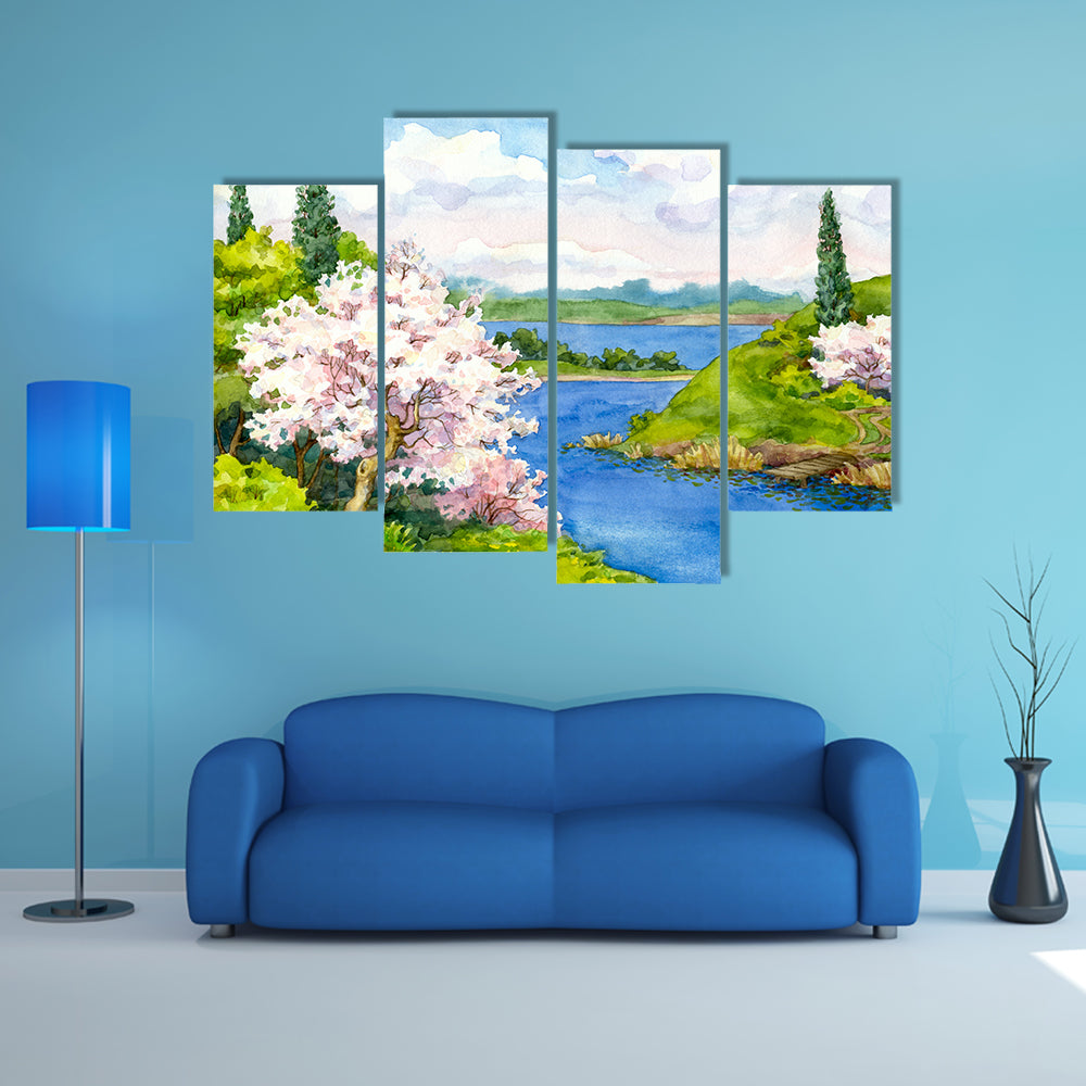 Watercolor Spring Cherry Blossom Landscape Canvas Wall Art