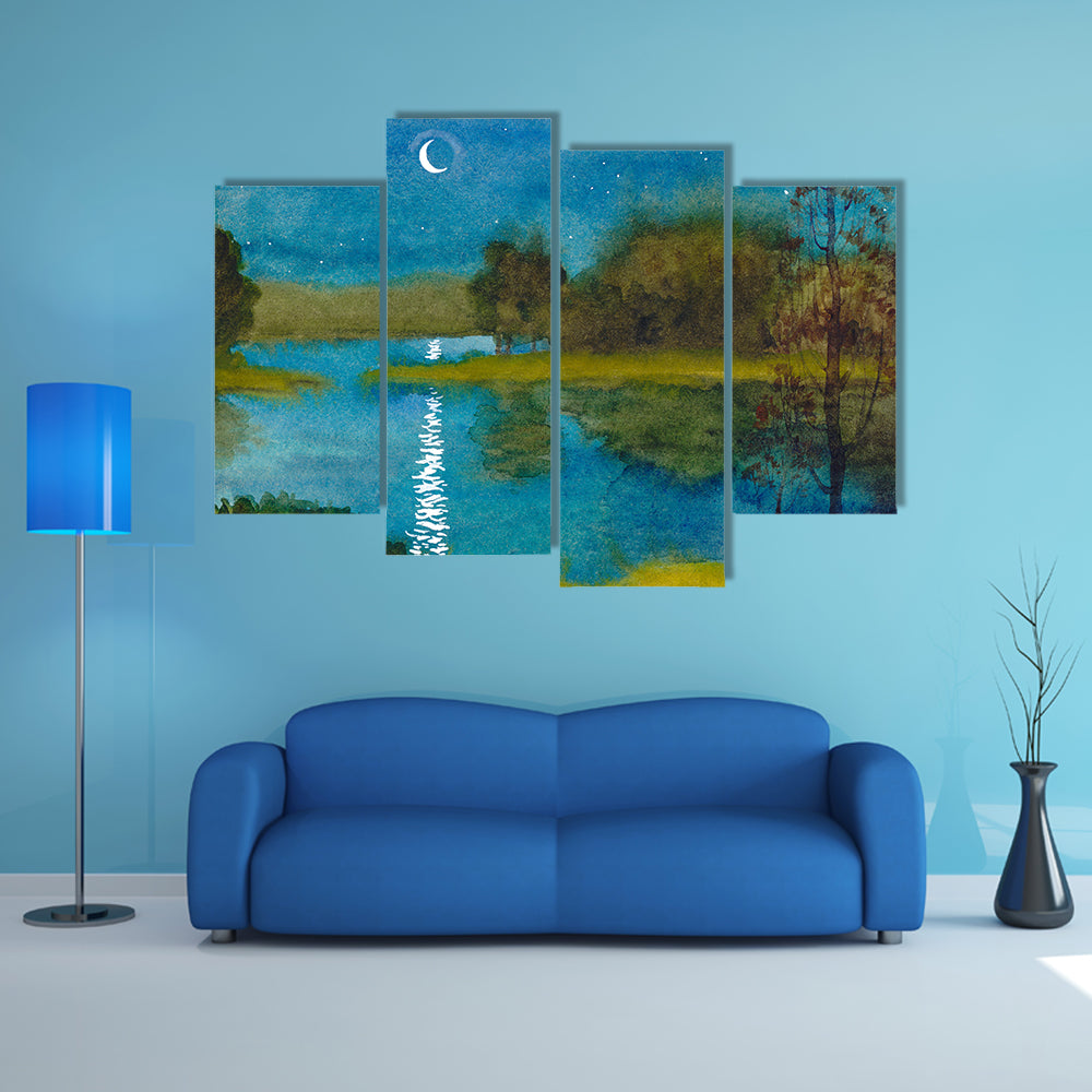 Moonlit River Watercolor Landscape Canvas Wall Art