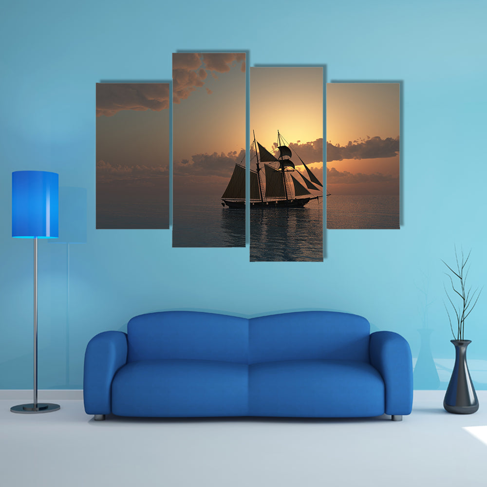 Sunset On Sea With Schooner Ship Wall Art